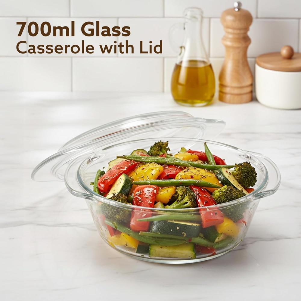 AGARO Elite Borosilicate Glass Casserole with Lid, 700ml, Serving Bowl, Kitchen, Oven, Microwave and Freezer Safe, Scratch Resistant, Transparent 33915