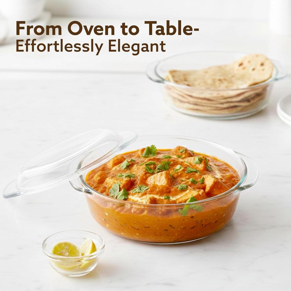 AGARO Elite Borosilicate Glass Casserole with Lid, 700ml, Serving Bowl, Kitchen, Oven, Microwave and Freezer Safe, Scratch Resistant, Transparent 33915