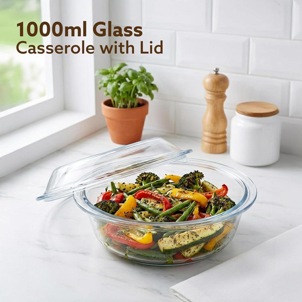 AGARO Elite Borosilicate Glass Casserole with Lid, 1000ml Kitchen, Oven, Microwave and Freezer Safe, Scratch Resistant, Transparent. 33916