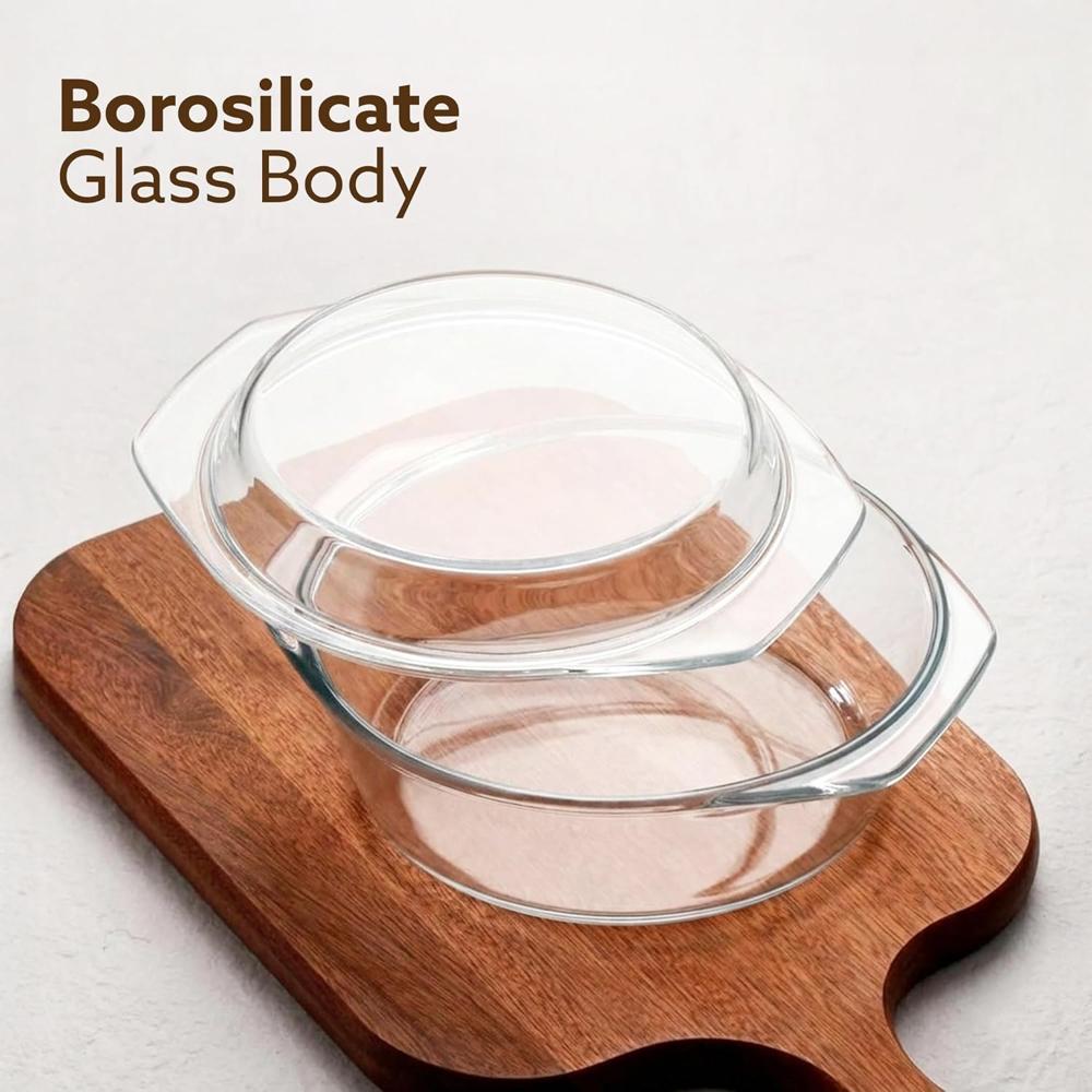 AGARO Elite Borosilicate Glass Casserole with Lid, 1000ml Kitchen, Oven, Microwave and Freezer Safe, Scratch Resistant, Transparent. 33916