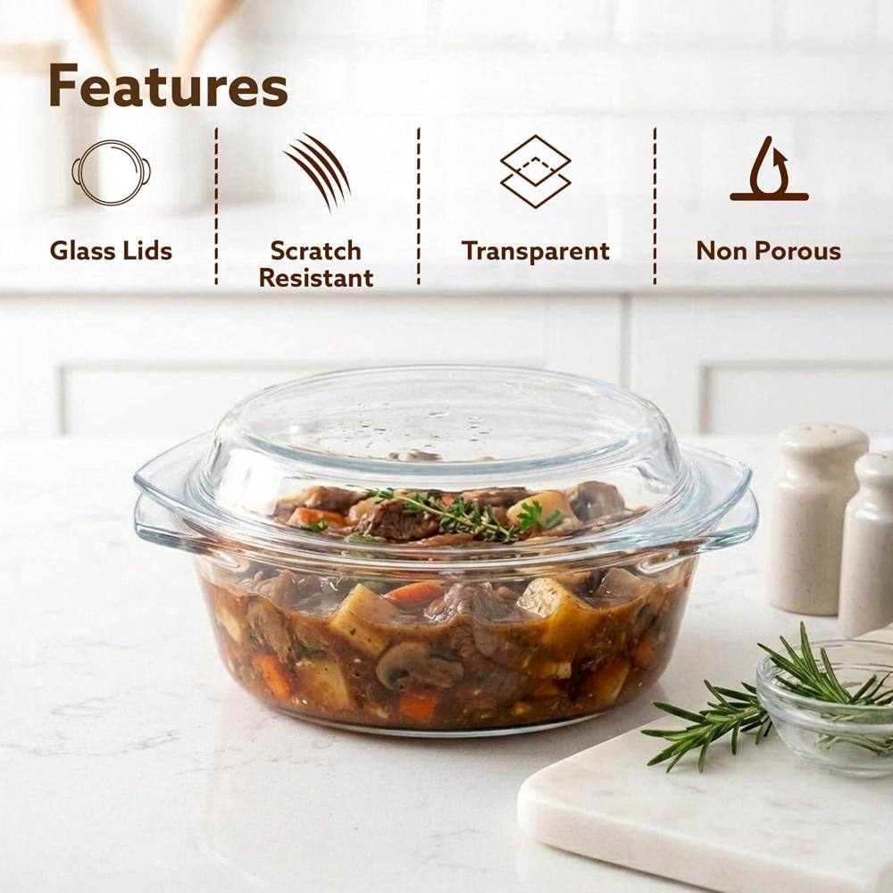 AGARO Elite Borosilicate Glass Casserole with Lid, 1000ml Kitchen, Oven, Microwave and Freezer Safe, Scratch Resistant, Transparent. 33916