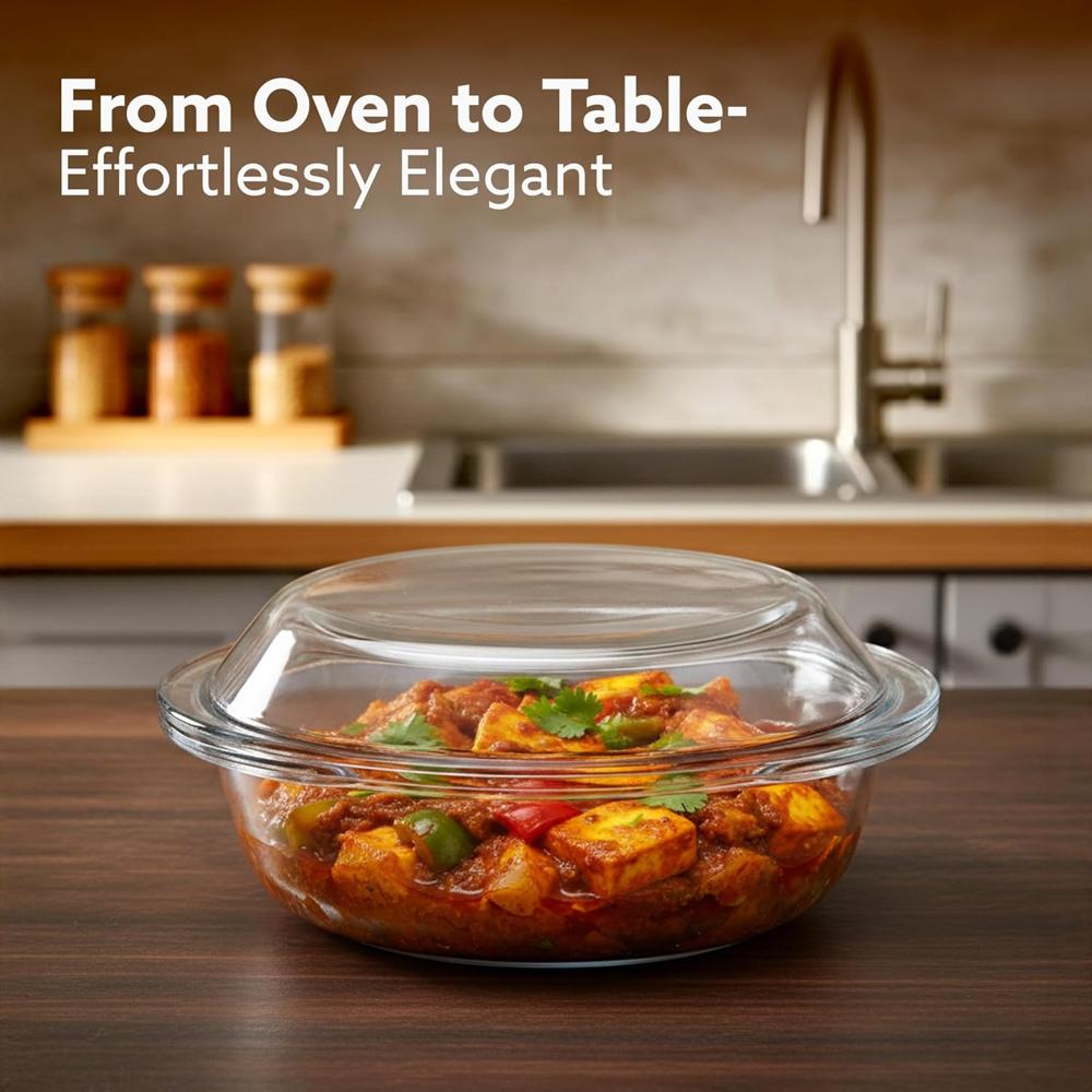 AGARO Elite Borosilicate Glass Casserole with Lid, 1000ml Kitchen, Oven, Microwave and Freezer Safe, Scratch Resistant, Transparent. 33916