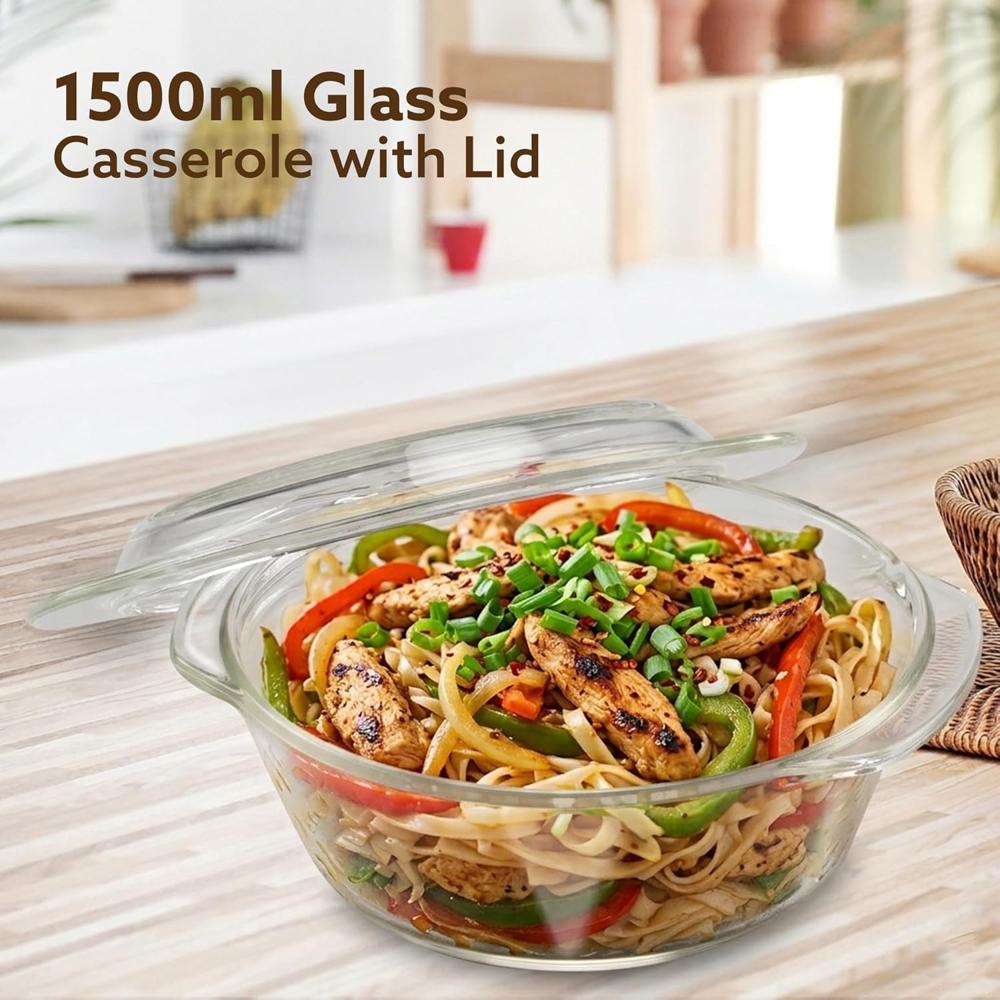 AGARO Elite Borosilicate Glass Casserole with Lid, 1500 ml, Serving Bowl, Kitchen, Oven & Microwave, Dishwasher and Freezer Safe, Scratch Resistant, Transparent. 33917