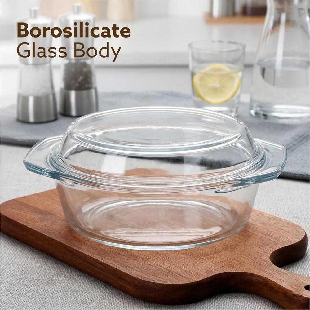AGARO Elite Borosilicate Glass Casserole with Lid, 1500 ml, Serving Bowl, Kitchen, Oven & Microwave, Dishwasher and Freezer Safe, Scratch Resistant, Transparent. 33917