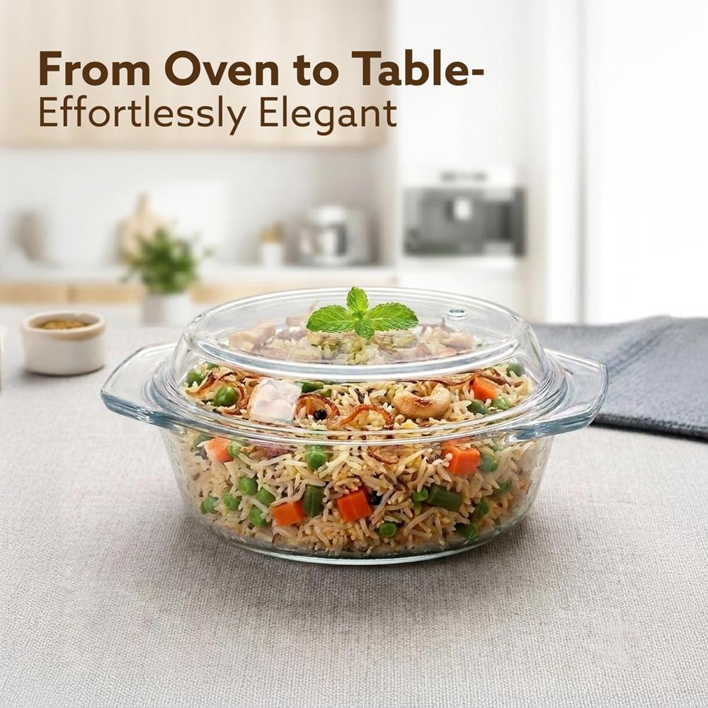 AGARO Elite Borosilicate Glass Casserole with Lid, 1500 ml, Serving Bowl, Kitchen, Oven & Microwave, Dishwasher and Freezer Safe, Scratch Resistant, Transparent. 33917