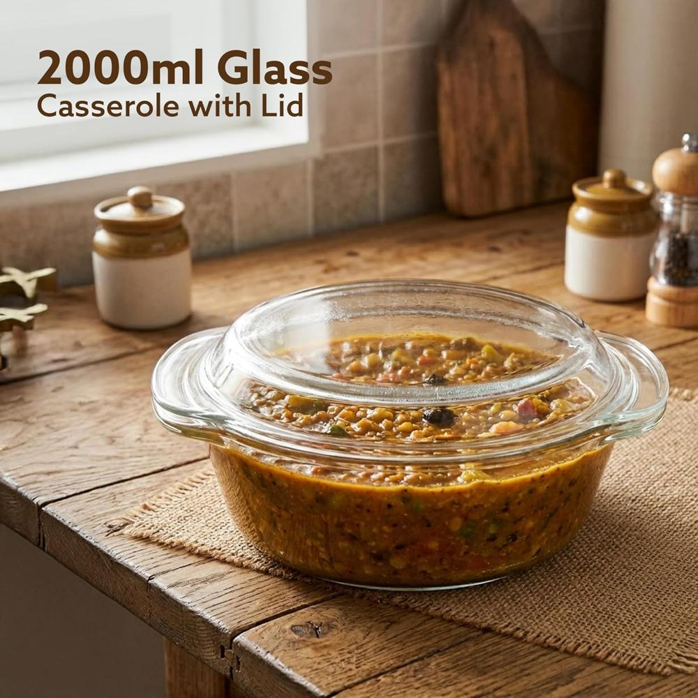 AGARO Elite Borosilicate Glass Casserole with Lid, 2000ml, Serving Bowl, Kitchen, Oven, Microwave and Freezer Safe, Scratch Resistant, Transparent. 33918