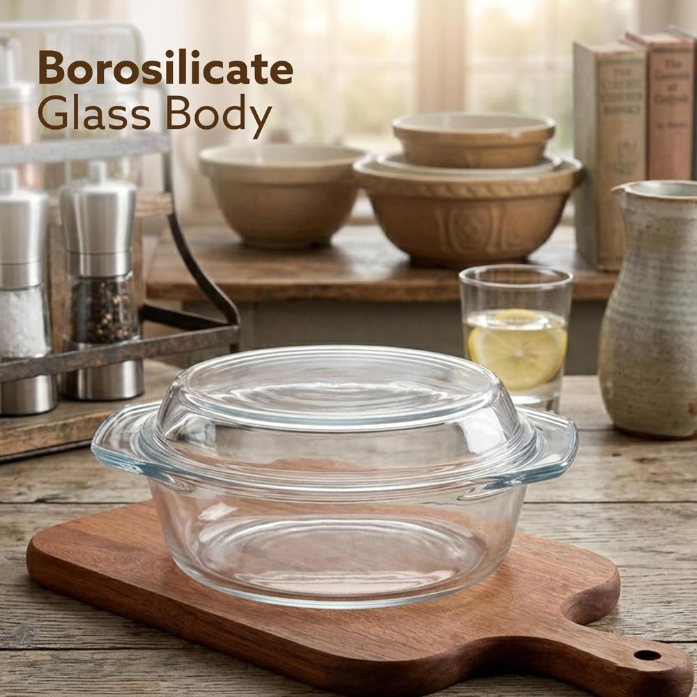 AGARO Elite Borosilicate Glass Casserole with Lid, 2000ml, Serving Bowl, Kitchen, Oven, Microwave and Freezer Safe, Scratch Resistant, Transparent. 33918