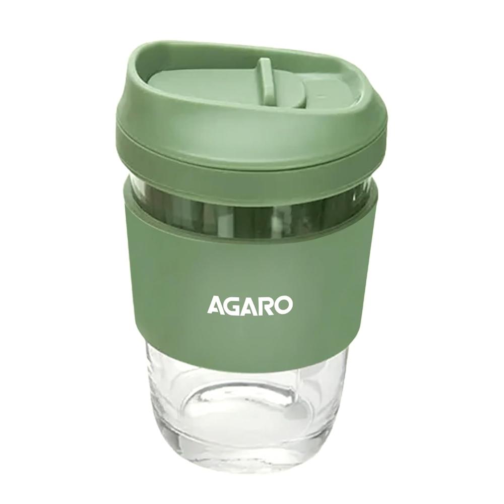 Agaro Imperial Travel Glass Coffee Mug With Locking Sipper Lid And Silicone Sleeve, 320Ml, Portable, Drinking Water,Juice, Coffee, Tea, Microwave Safe, Green - Capacity: 320 Milliliter (Ml)