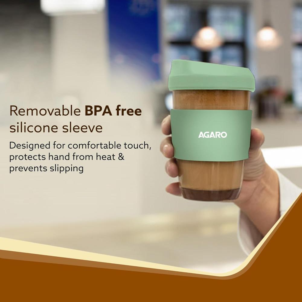 AGARO Imperial Travel Glass Coffee Mug with Locking Sipper Lid and Silicone Sleeve, 320ml, Portable, Drinking Water,Juice, Coffee, Tea, Microwave Safe, Green