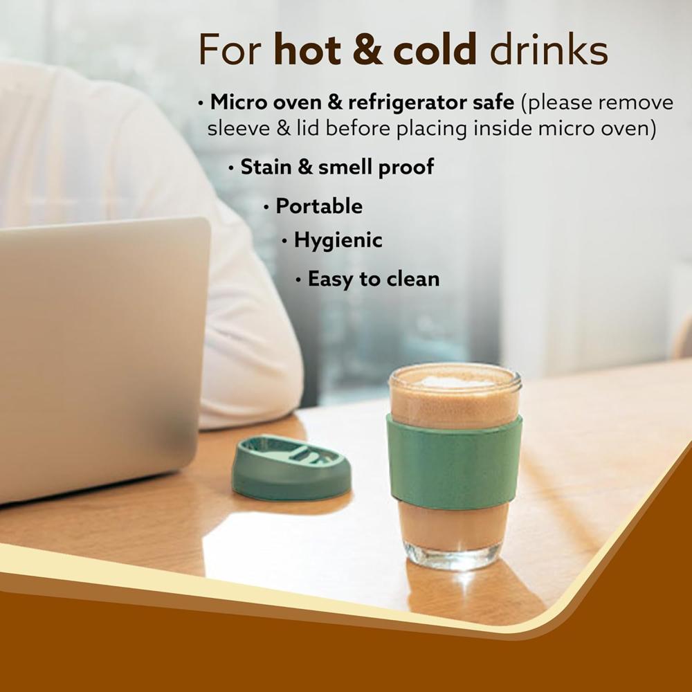 AGARO Imperial Travel Glass Coffee Mug with Locking Sipper Lid and Silicone Sleeve, 320ml, Portable, Drinking Water,Juice, Coffee, Tea, Microwave Safe, Green
