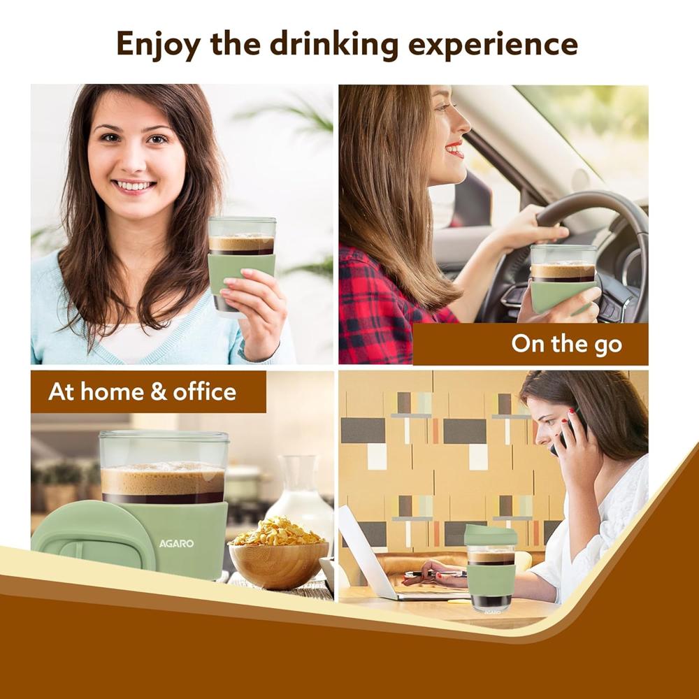 AGARO Imperial Travel Glass Coffee Mug with Locking Sipper Lid and Silicone Sleeve, 320ml, Portable, Drinking Water,Juice, Coffee, Tea, Microwave Safe, Green