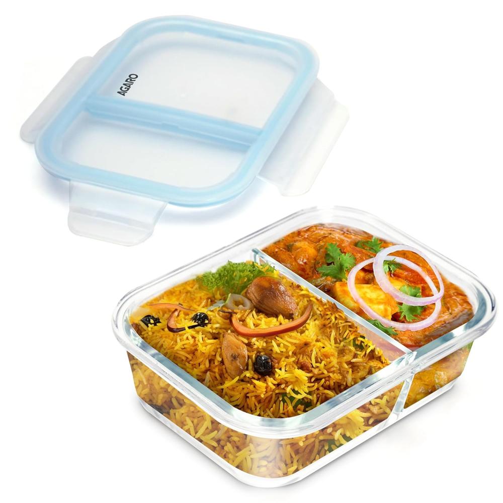 Agaro Compartment Lunch Box/Container 600Ml Office Tiffin Box For Men & Women Borosilicate Glass Body Microwave Oven Safe Leak Proof Locking Lid Airtight Tiffin For Office Transparent 34010 - Capacity: 600 Milliliter (Ml)