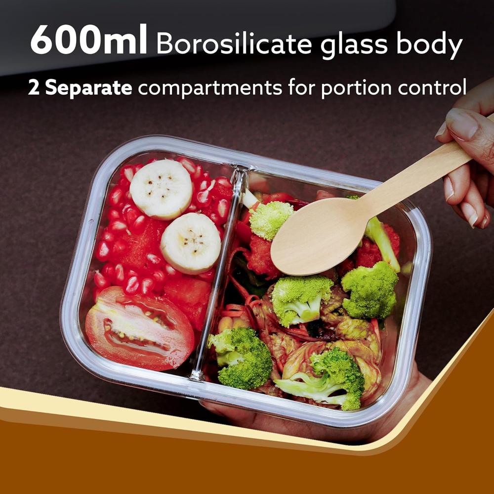 AGARO Compartment Lunch Box/Container 600Ml, Office Tiffin Box for Men & Women, Borosilicate Glass Body, Microwave Oven Safe, Leak Proof Locking Lid, Airtight Tiffin for Office, Transparent 34010