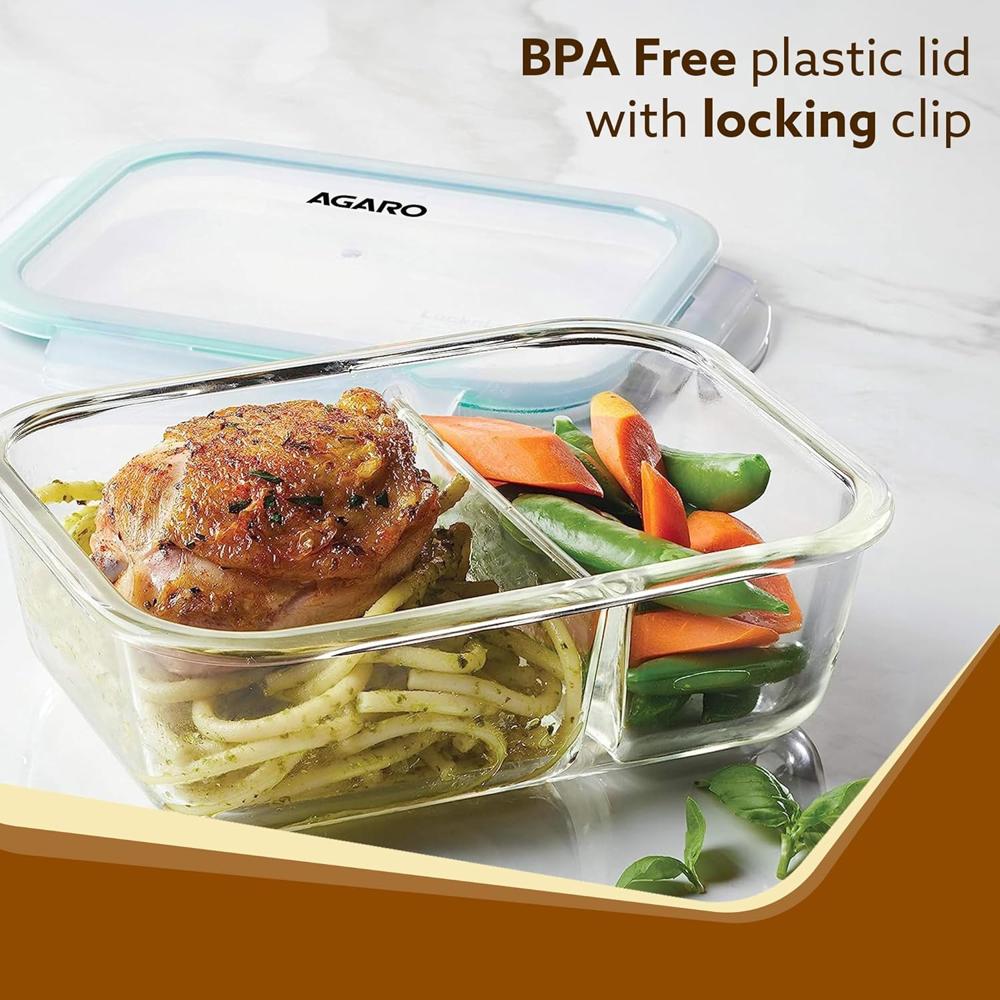 AGARO Compartment Lunch Box/Container 600Ml, Office Tiffin Box for Men & Women, Borosilicate Glass Body, Microwave Oven Safe, Leak Proof Locking Lid, Airtight Tiffin for Office, Transparent 34010