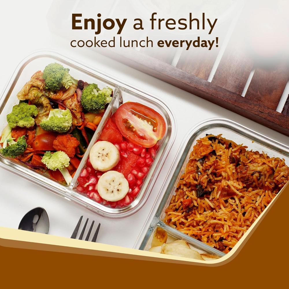 AGARO Compartment Lunch Box/Container 600Ml, Office Tiffin Box for Men & Women, Borosilicate Glass Body, Microwave Oven Safe, Leak Proof Locking Lid, Airtight Tiffin for Office, Transparent 34010