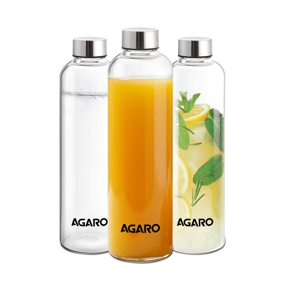 Agaro Elite Borosilicate Glass Water Bottles, Pack Of 3, 1000ml Capacity Each, Microwave & Freezer Safe, Leak Proof & Airtight Lid, Scratch Resistant, Transparent. 34013