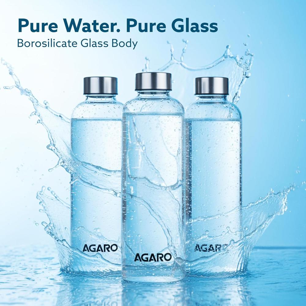 AGARO Elite Borosilicate Glass Water Bottles, Pack of 3, 1000ml Capacity Each, Microwave & Freezer Safe, Leak Proof & Airtight Lid, Scratch Resistant, Transparent. 34013