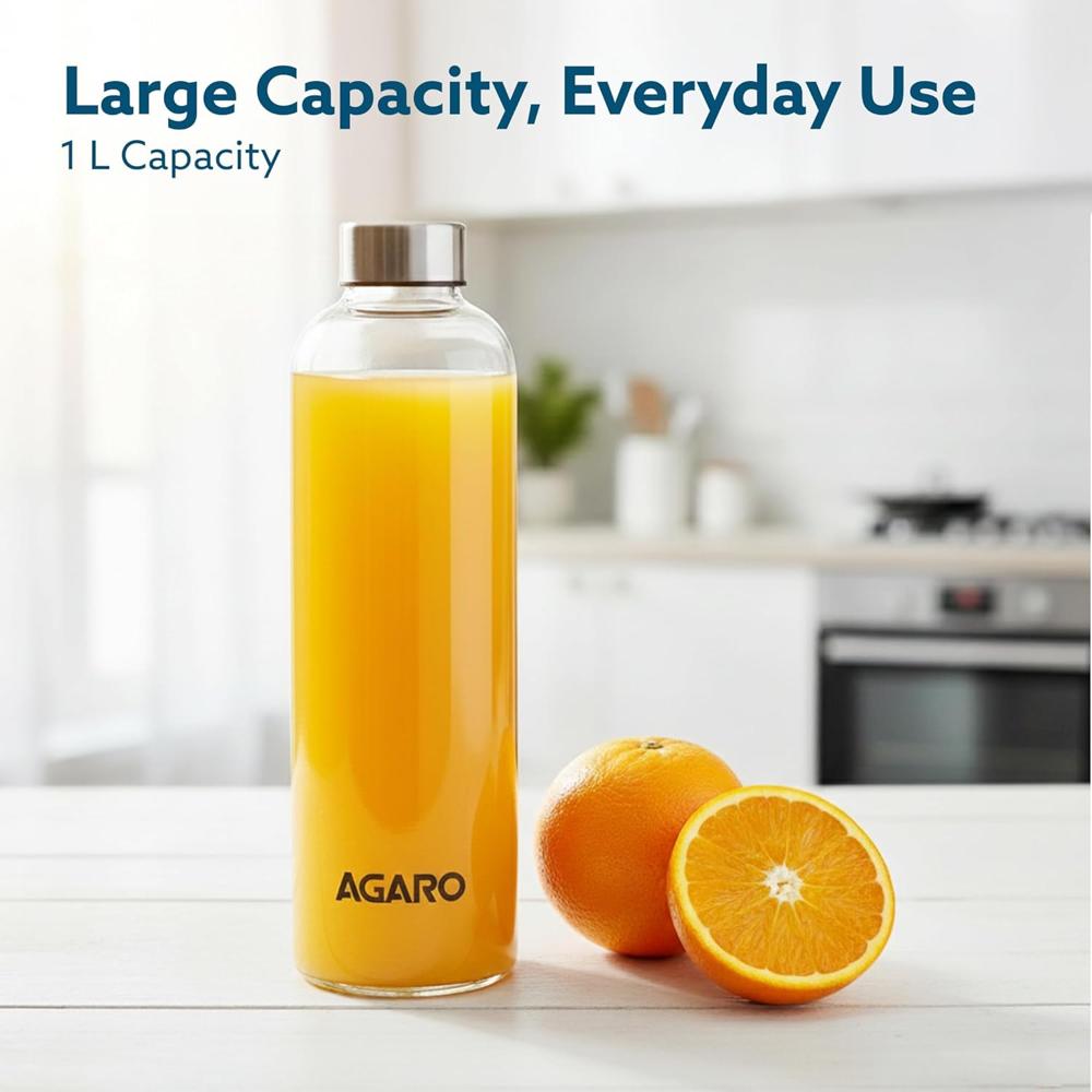 AGARO Elite Borosilicate Glass Water Bottles, Pack of 3, 1000ml Capacity Each, Microwave & Freezer Safe, Leak Proof & Airtight Lid, Scratch Resistant, Transparent. 34013
