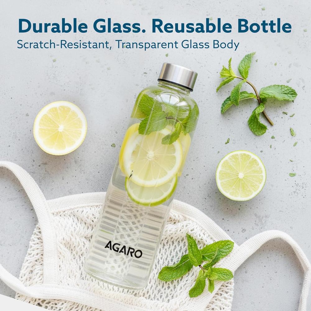 AGARO Elite Borosilicate Glass Water Bottles, Pack of 3, 1000ml Capacity Each, Microwave & Freezer Safe, Leak Proof & Airtight Lid, Scratch Resistant, Transparent. 34013