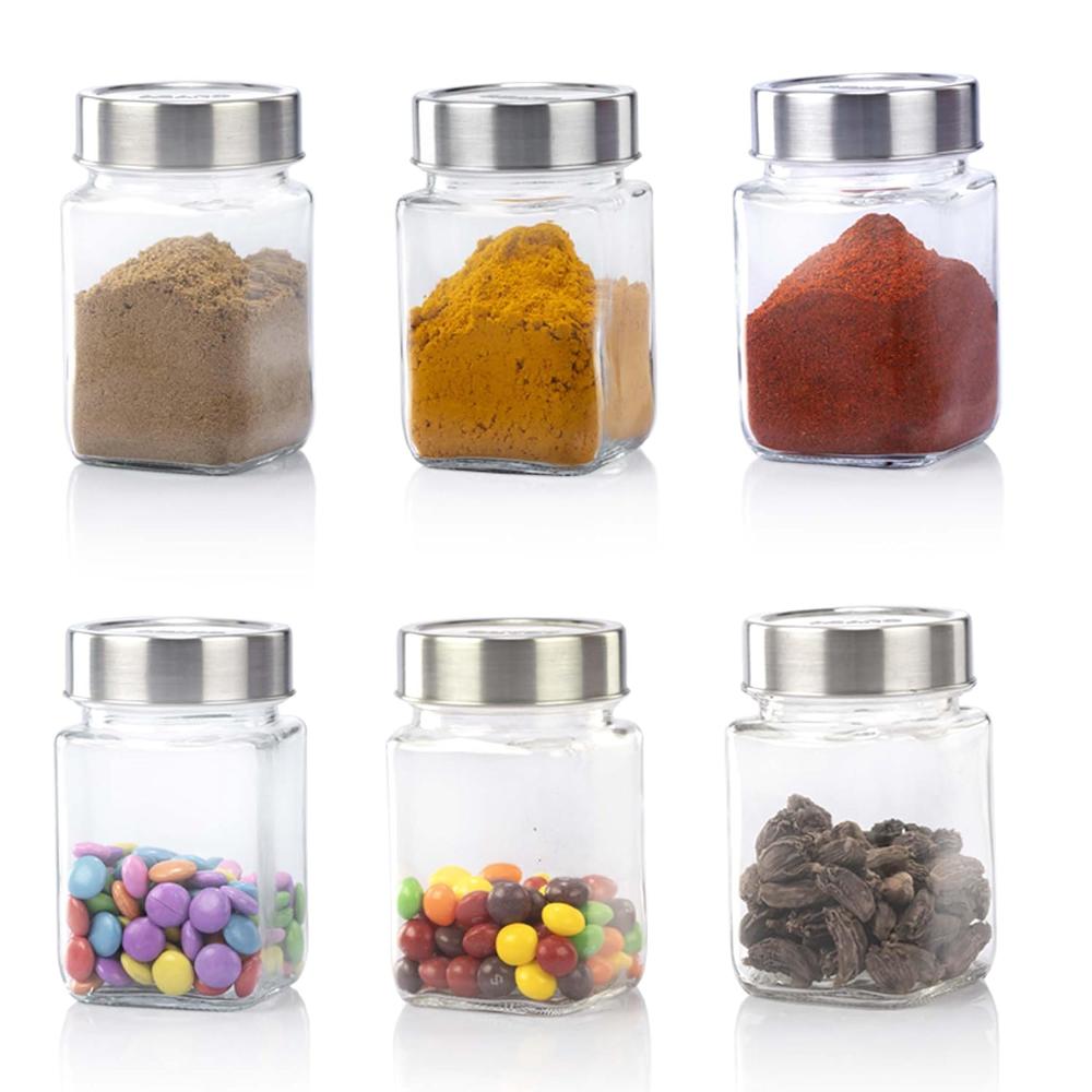 AGARO Elegant Cube Jar 310 ml, Steel Lid, Storage Glass Container, Transparent, Kitchen Organiser, Multipurpose Jar, Pack of 6   34015