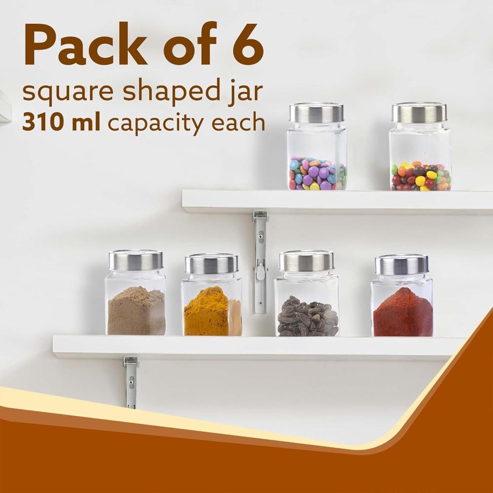 AGARO Elegant Cube Jar 310 ml, Steel Lid, Storage Glass Container, Transparent, Kitchen Organiser, Multipurpose Jar, Pack of 6   34015