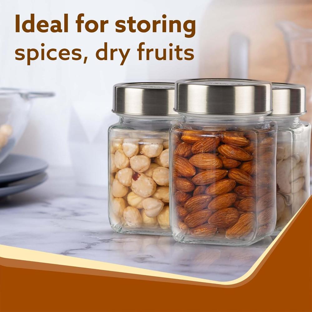 AGARO Elegant Cube Jar 310 ml, Steel Lid, Storage Glass Container, Transparent, Kitchen Organiser, Multipurpose Jar, Pack of 6   34015