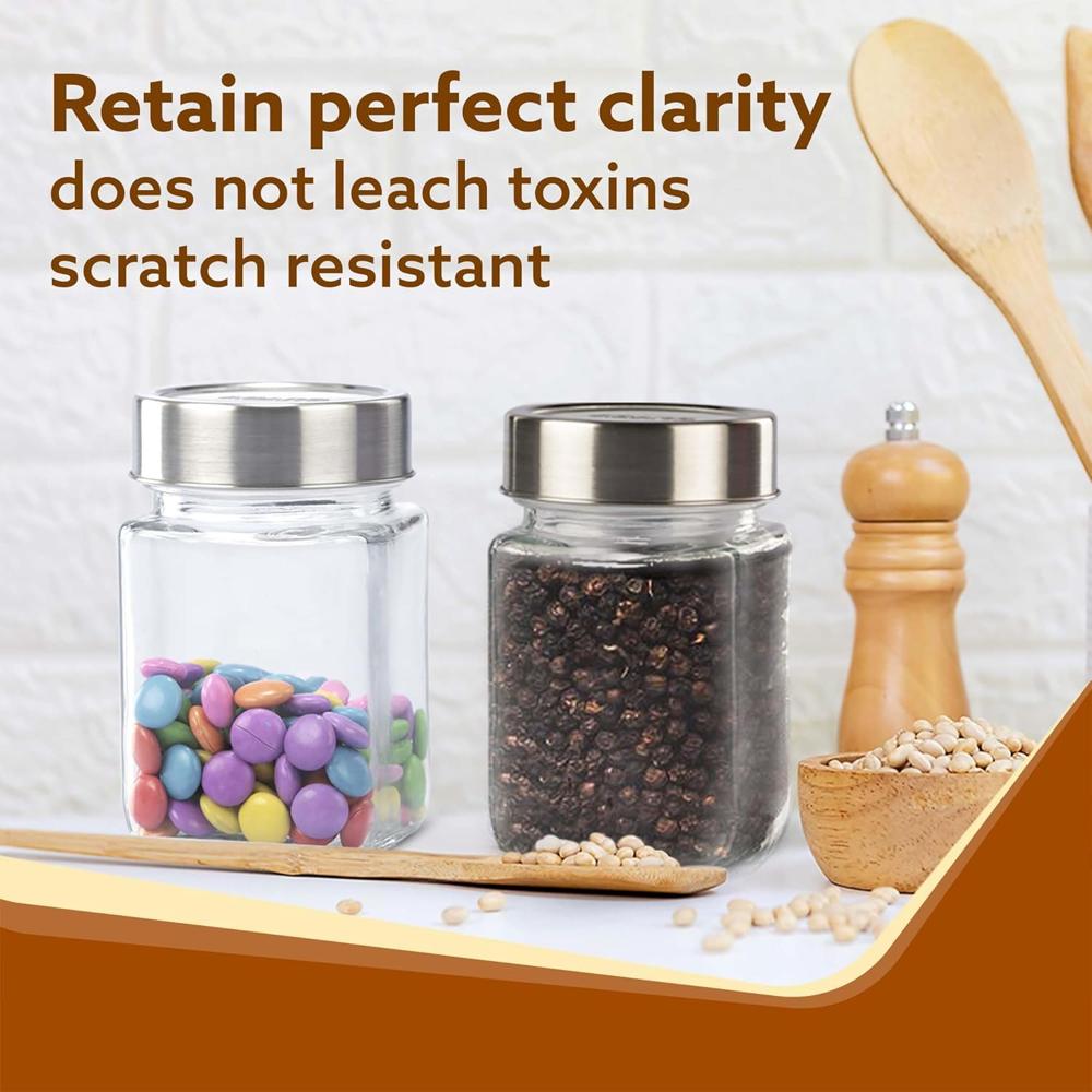 AGARO Elegant Cube Jar 310 ml, Steel Lid, Storage Glass Container, Transparent, Kitchen Organiser, Multipurpose Jar, Pack of 6   34015