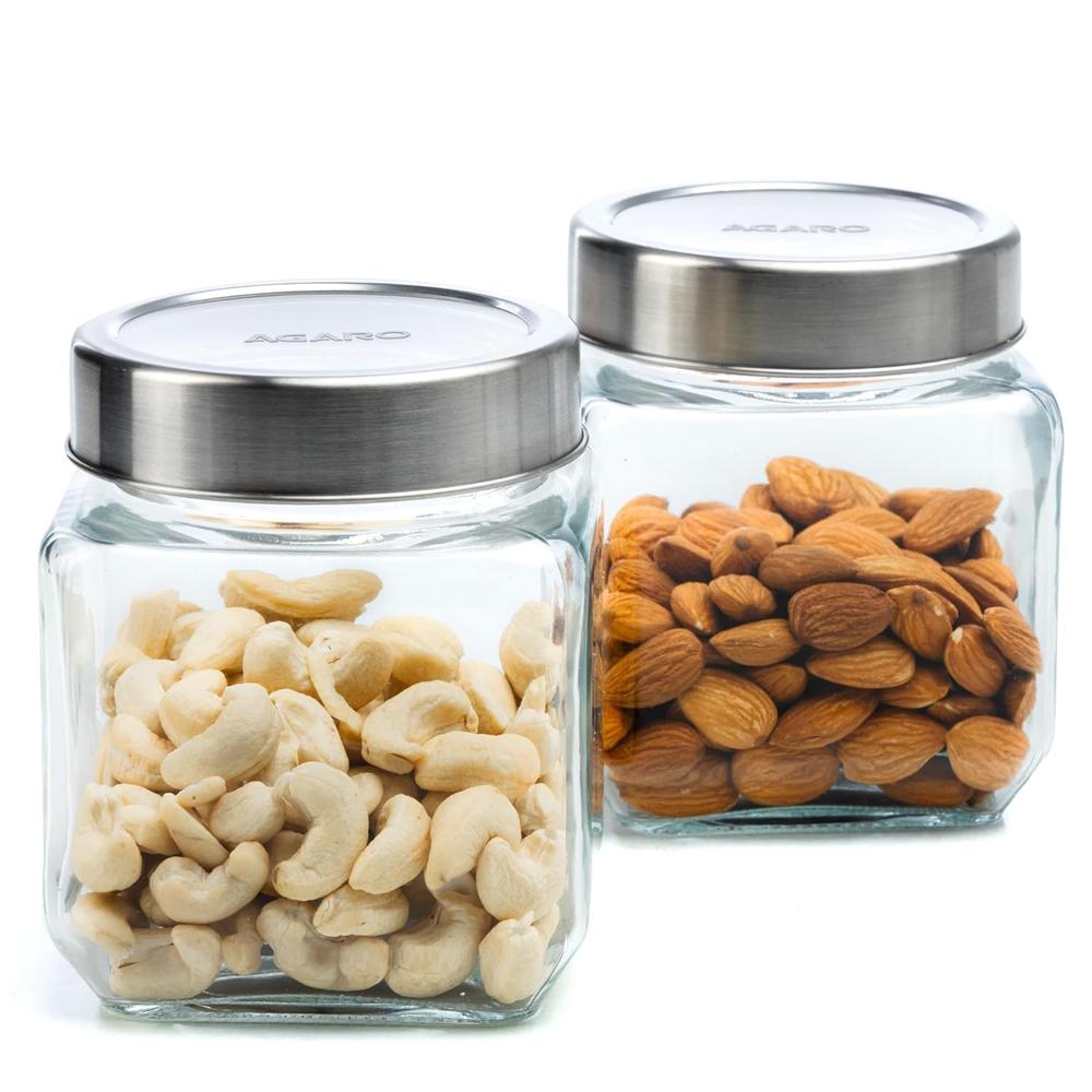 AGARO Elegant Cube Jar 580 ml, Square Shaped, Transparent Lid with Steel Finish, Storage Glass Container, Transparent, Kitchen Organiser, Multipurpose Jar, Pack of 2 - 34016