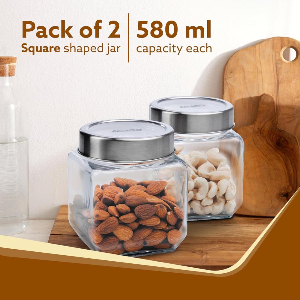 AGARO Elegant Cube Jar 580 ml, Square Shaped, Transparent Lid with Steel Finish, Storage Glass Container, Transparent, Kitchen Organiser, Multipurpose Jar, Pack of 2 - 34016