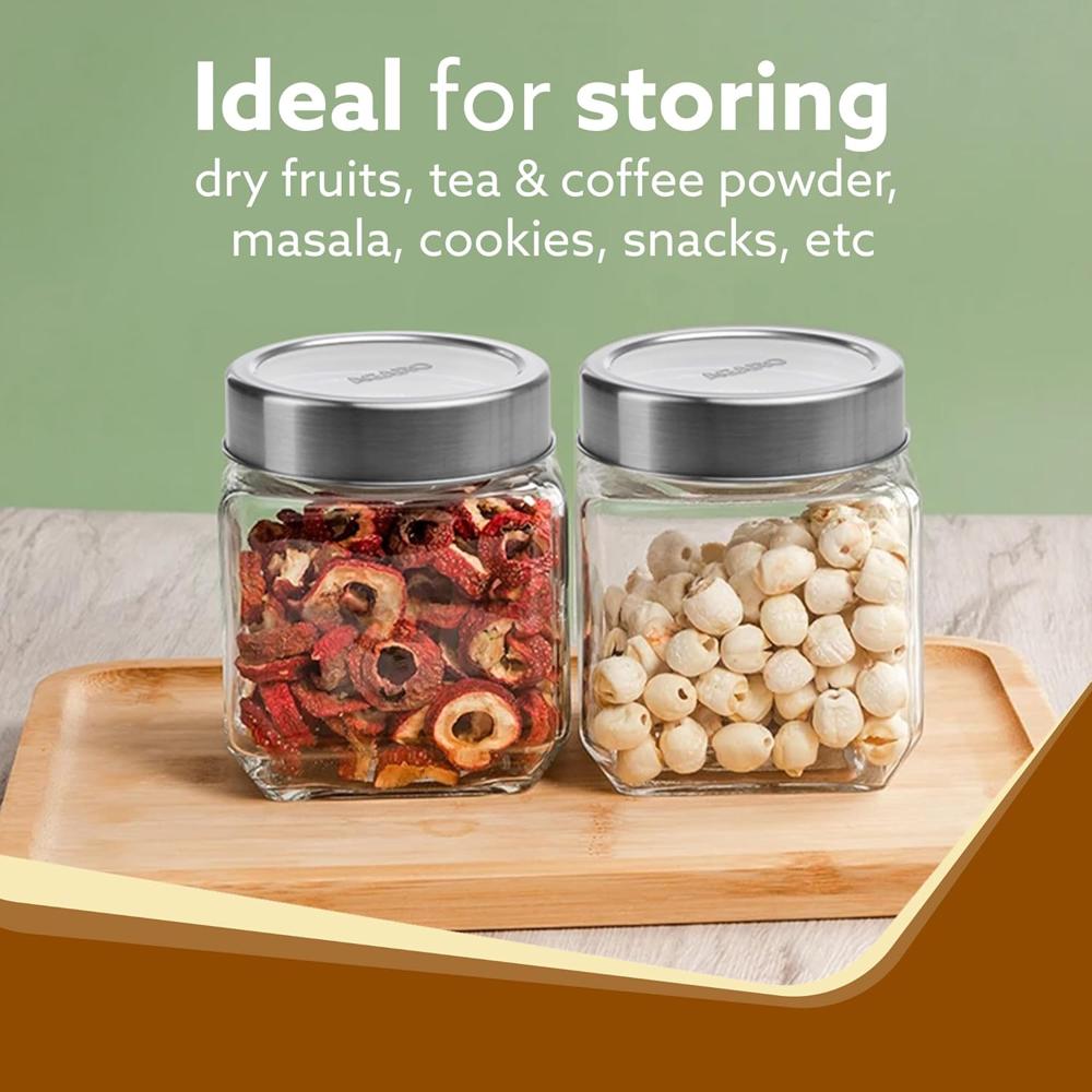 AGARO Elegant Cube Jar 580 ml, Square Shaped, Transparent Lid with Steel Finish, Storage Glass Container, Transparent, Kitchen Organiser, Multipurpose Jar, Pack of 2 - 34016