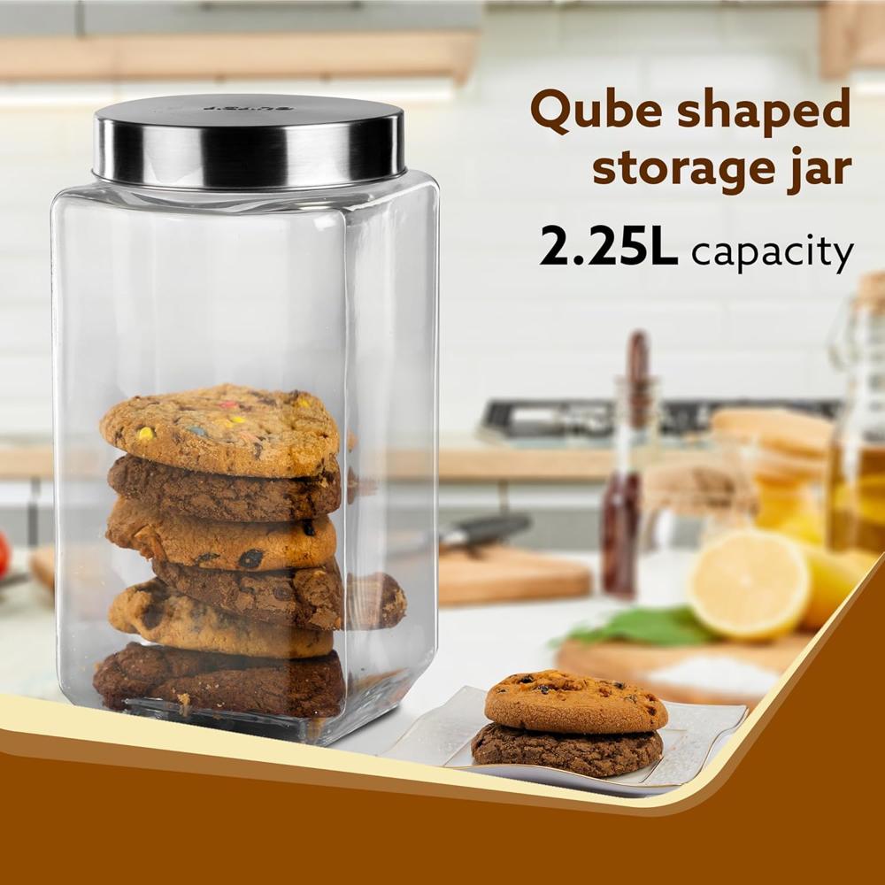 AGARO Elegant Glass Jar 2250 ml, Square Shaped, Steel Lid, Storage Glass Container, Transparent, Kitchen Organiser, Multipurpose Jar.  34018