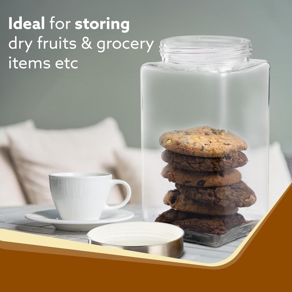 AGARO Elegant Glass Jar 2250 ml, Square Shaped, Steel Lid, Storage Glass Container, Transparent, Kitchen Organiser, Multipurpose Jar.  34018