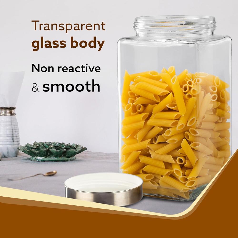 AGARO Elegant Glass Jar 2250 ml, Square Shaped, Steel Lid, Storage Glass Container, Transparent, Kitchen Organiser, Multipurpose Jar.  34018