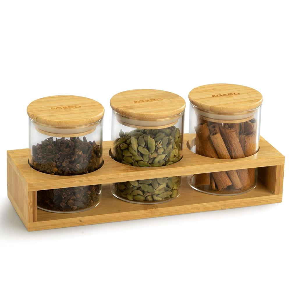 AGARO Elite Borosilicate Glass Jar 210 ml with Rack, Storage Glass Container, Transparent, Kitchen Organiser, Multipurpose Jar, Pack of 3 34019