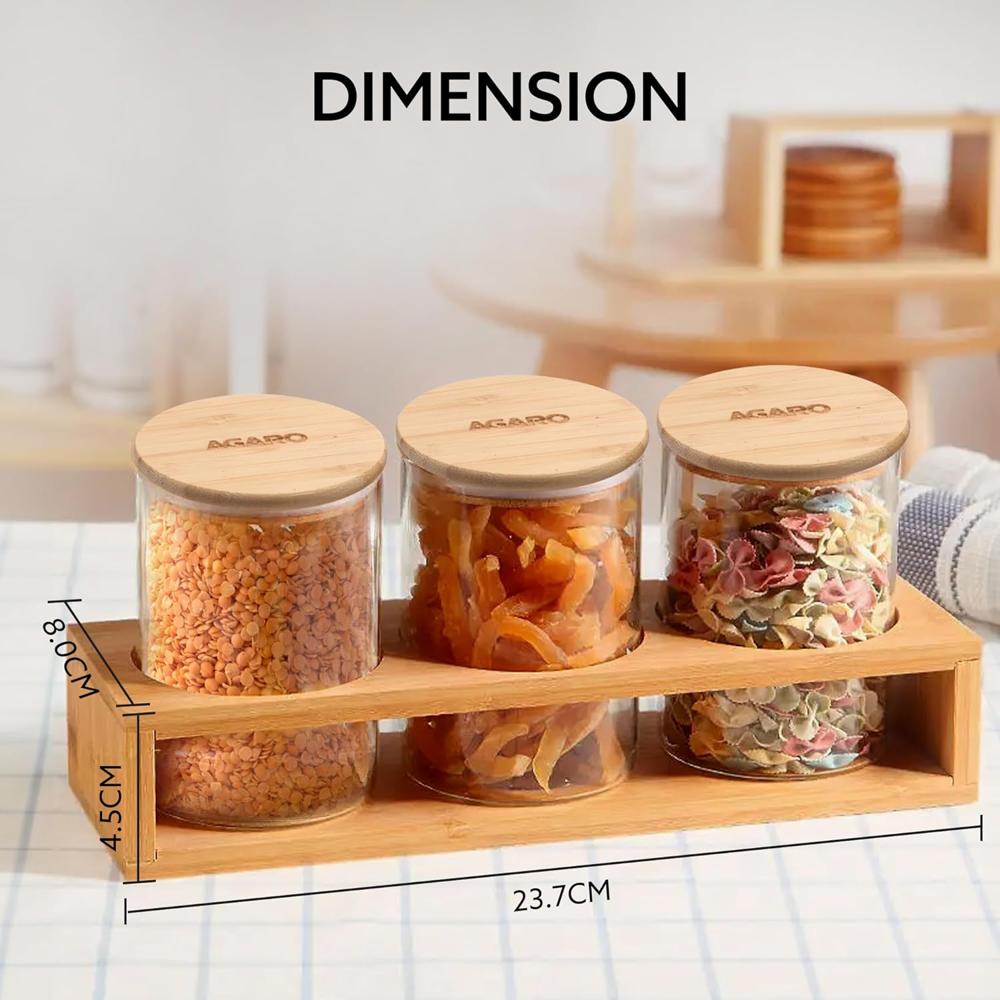 AGARO Elite Borosilicate Glass Jar 210 ml with Rack, Storage Glass Container, Transparent, Kitchen Organiser, Multipurpose Jar, Pack of 3  34019