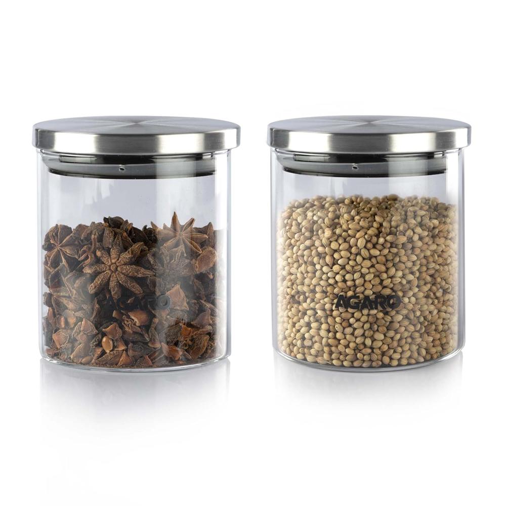 AGARO Elite Borosilicate Glass0 Jar 600 ml, Round Shaped, Steel Lid, Storage Glass Container, Microwave, Oven & Freezer Safe, Transparent, Kitchen Organiser, Multipurpose Jar, Pack of 2. 34020