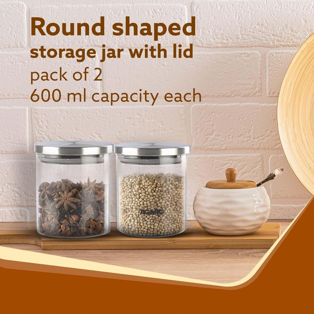 AGARO Elite Borosilicate Glass0 Jar 600 ml, Round Shaped, Steel Lid, Storage Glass Container, Microwave, Oven & Freezer Safe, Transparent, Kitchen Organiser, Multipurpose Jar, Pack of 2. 34020