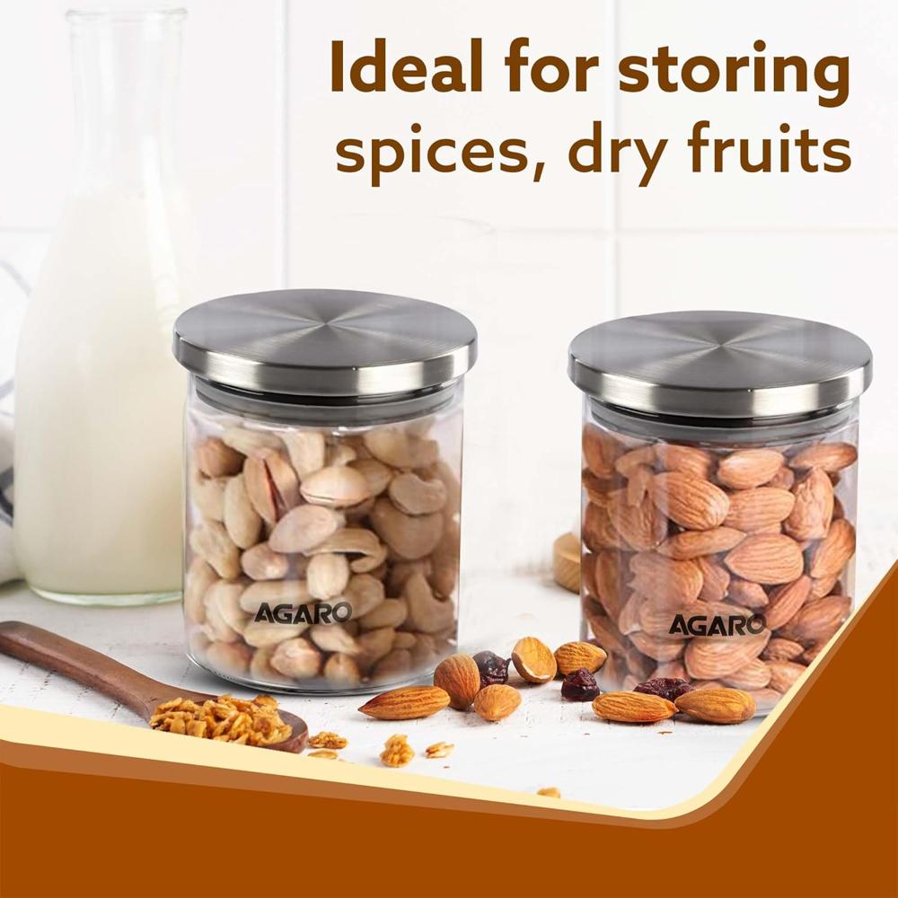 AGARO Elite Borosilicate Glass0 Jar 600 ml, Round Shaped, Steel Lid, Storage Glass Container, Microwave, Oven & Freezer Safe, Transparent, Kitchen Organiser, Multipurpose Jar, Pack of 2. 34020