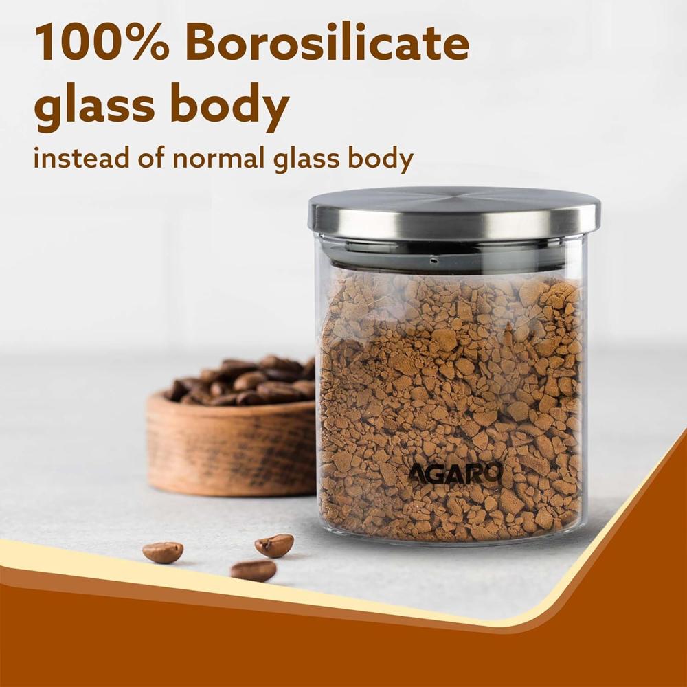 AGARO Elite Borosilicate Glass0 Jar 600 ml, Round Shaped, Steel Lid, Storage Glass Container, Microwave, Oven & Freezer Safe, Transparent, Kitchen Organiser, Multipurpose Jar, Pack of 2. 34020