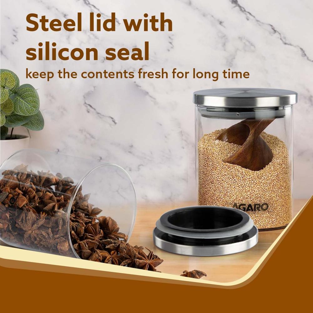 AGARO Elite Borosilicate Glass0 Jar 600 ml, Round Shaped, Steel Lid, Storage Glass Container, Microwave, Oven & Freezer Safe, Transparent, Kitchen Organiser, Multipurpose Jar, Pack of 2. 34020