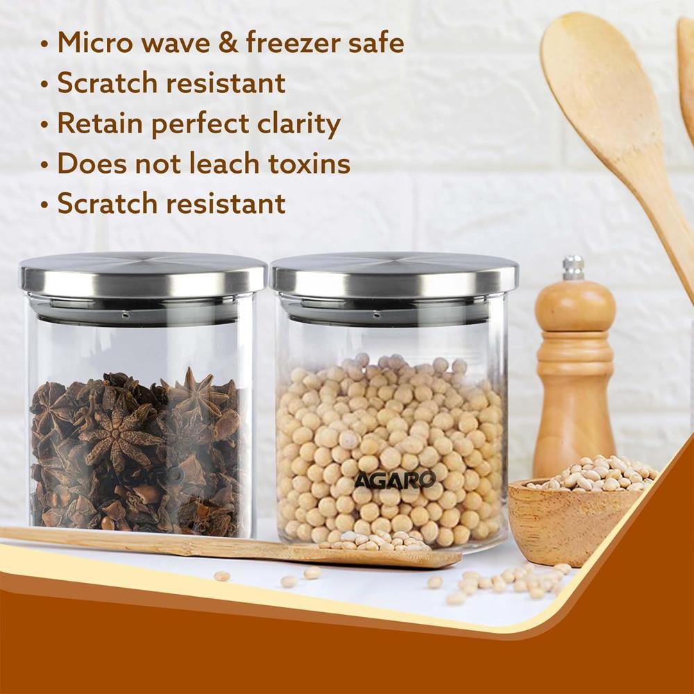 AGARO Elite Borosilicate Glass0 Jar 600 ml, Round Shaped, Steel Lid, Storage Glass Container, Microwave, Oven & Freezer Safe, Transparent, Kitchen Organiser, Multipurpose Jar, Pack of 2. 34020
