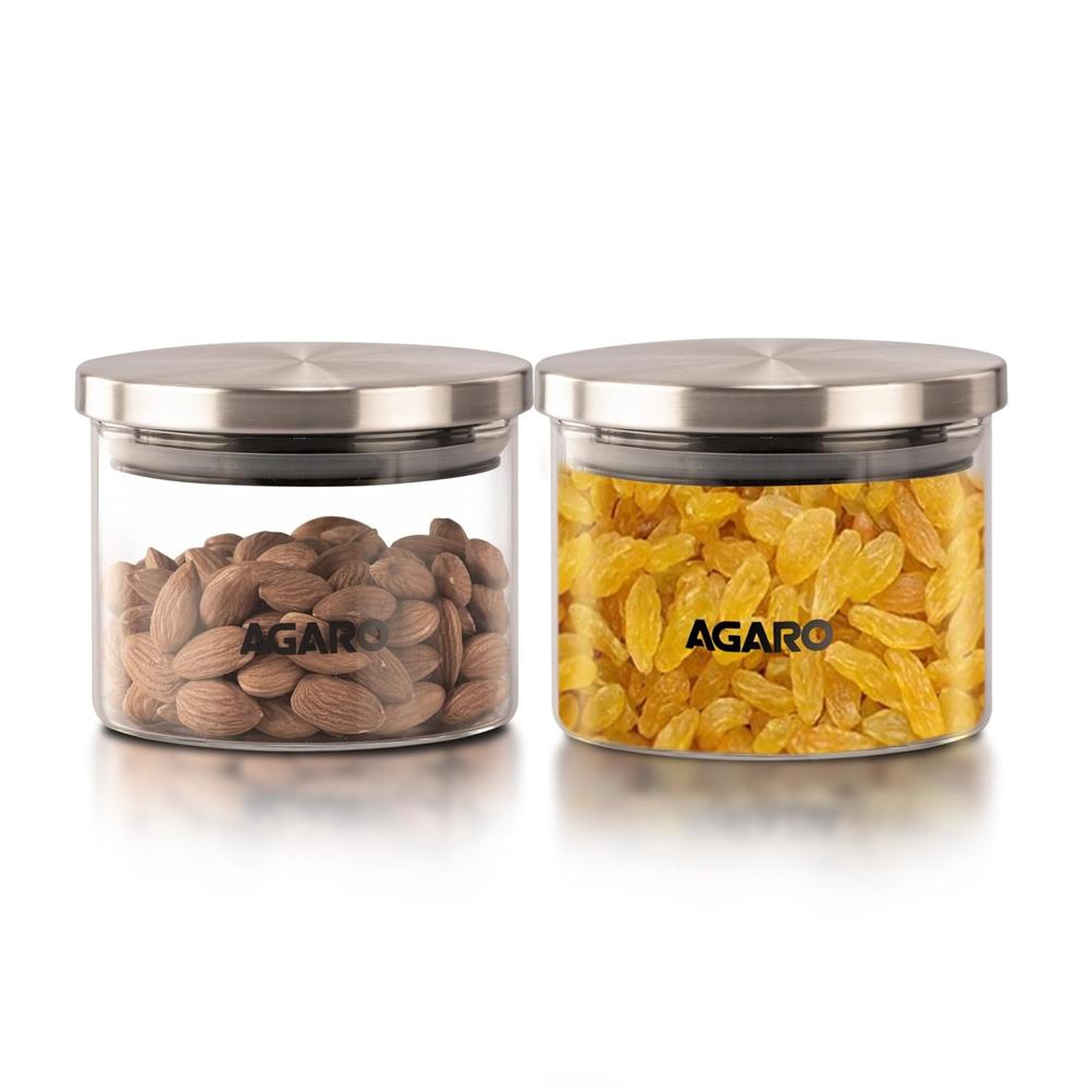 AGARO Elite Borosilicate Glass Jar 350 ml, Round Shaped, Steel Lid, Microwave, Oven & Freezer Safe, Storage Glass Container, Transparent, Kitchen Organiser, Multipurpose Jar 34021