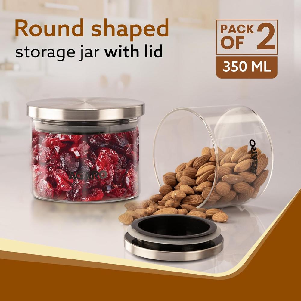 AGARO Elite Borosilicate Glass Jar 350 ml, Round Shaped, Steel Lid, Microwave, Oven & Freezer Safe, Storage Glass Container, Transparent, Kitchen Organiser, Multipurpose Jar 34021