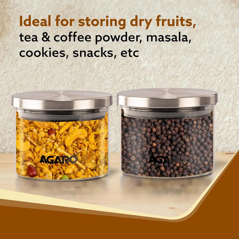 AGARO Elite Borosilicate Glass Jar 350 ml, Round Shaped, Steel Lid, Microwave, Oven & Freezer Safe, Storage Glass Container, Transparent, Kitchen Organiser, Multipurpose Jar 34021