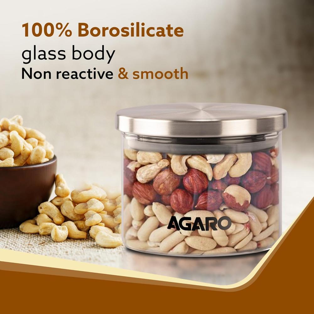 AGARO Elite Borosilicate Glass Jar 350 ml, Round Shaped, Steel Lid, Microwave, Oven & Freezer Safe, Storage Glass Container, Transparent, Kitchen Organiser, Multipurpose Jar 34021