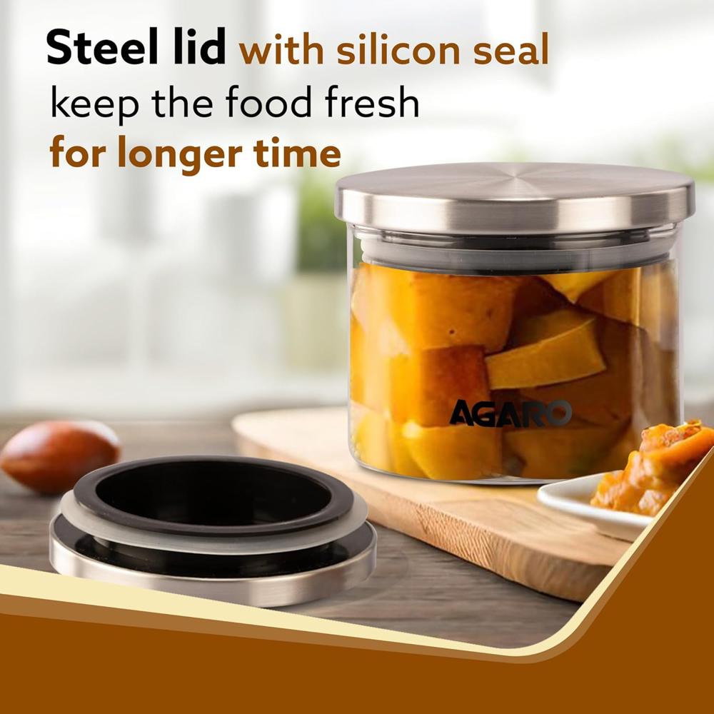 AGARO Elite Borosilicate Glass Jar 350 ml, Round Shaped, Steel Lid, Microwave, Oven & Freezer Safe, Storage Glass Container, Transparent, Kitchen Organiser, Multipurpose Jar 34021