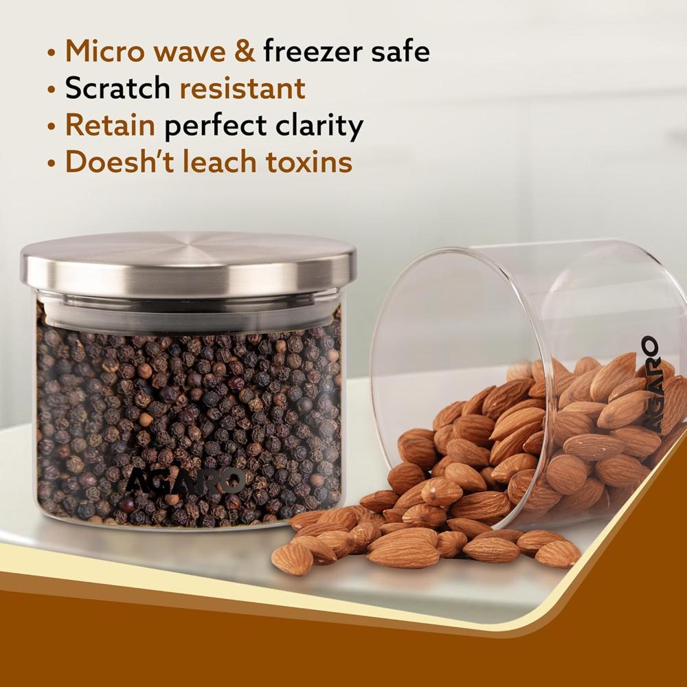 AGARO Elite Borosilicate Glass Jar 350 ml, Round Shaped, Steel Lid, Microwave, Oven & Freezer Safe, Storage Glass Container, Transparent, Kitchen Organiser, Multipurpose Jar 34021