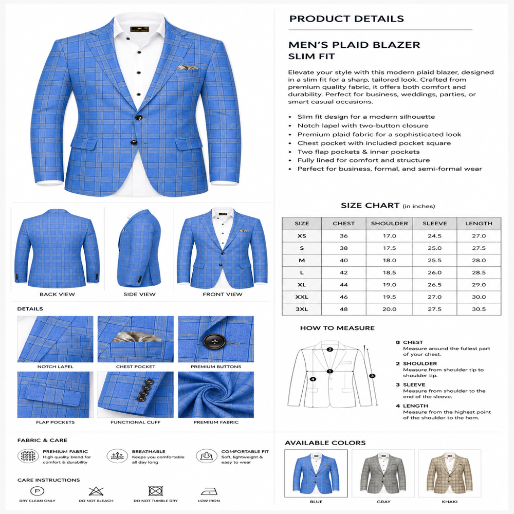 Men's Sky Blue Windowpane Check Slim Fit Blazer