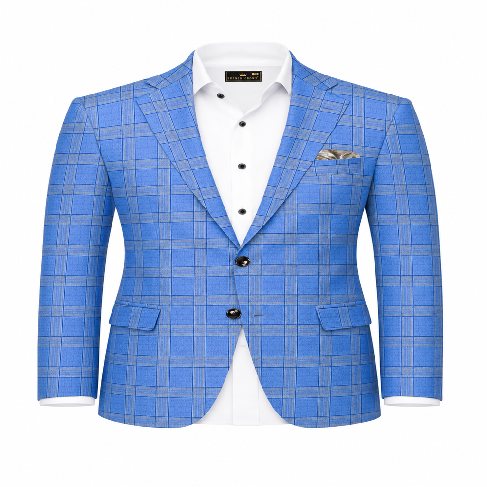Men's Sky Blue Windowpane Check Slim Fit Blazer