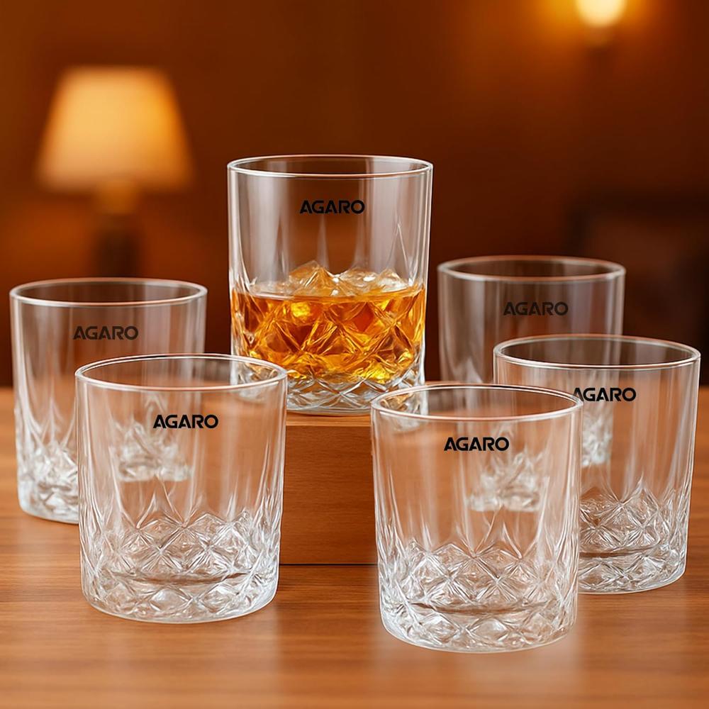 AGARO Elegant Whiskey Glass, Set of 6, 325ML, Diamond Cut Design, Crystal Clear, Perfect for Scotch, Whisky, Bourbon, Liquor, Wine, Cocktail Drinks  34219 